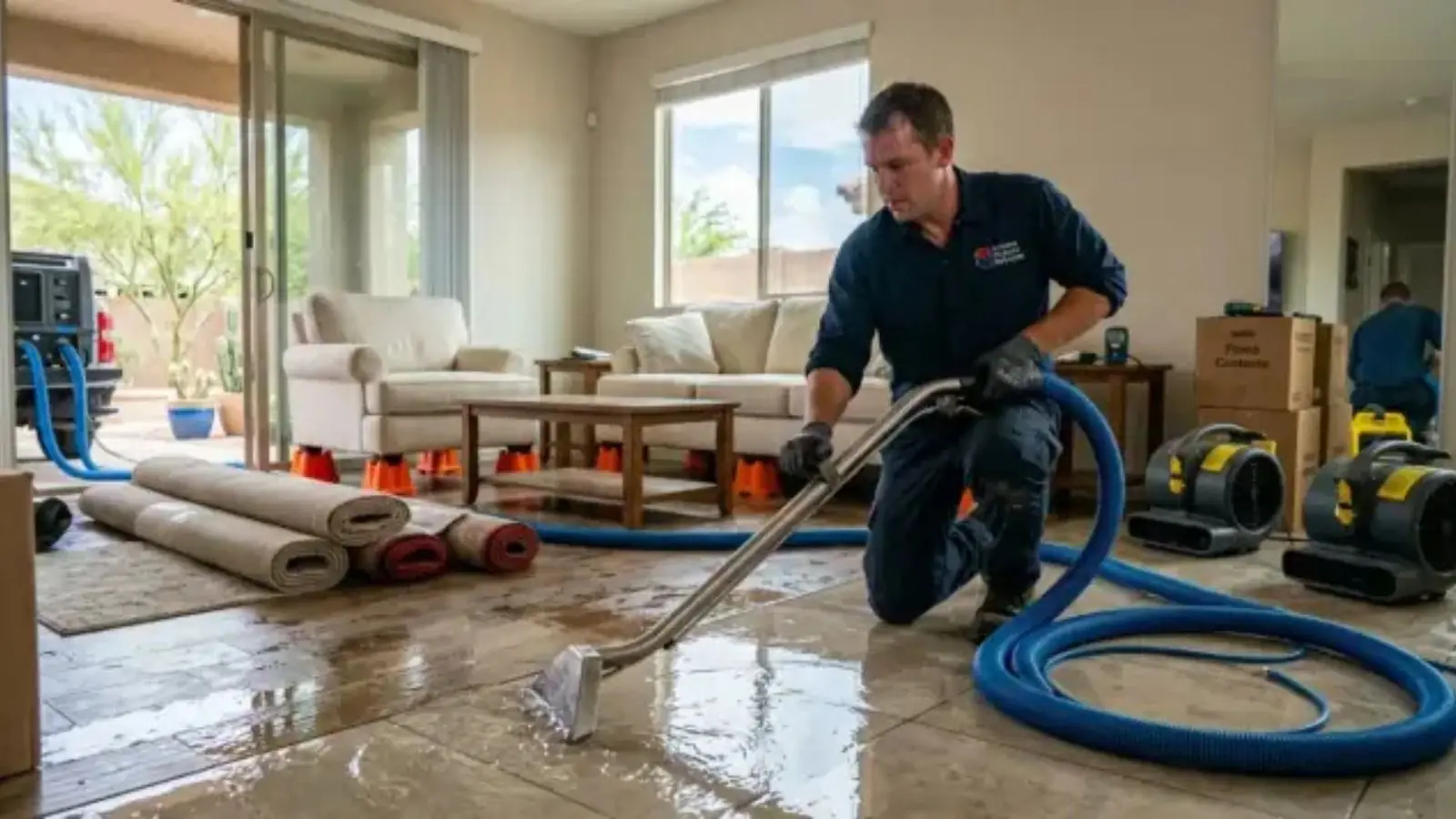 Technician using an extraction wand on a wet living room floor with air movers running